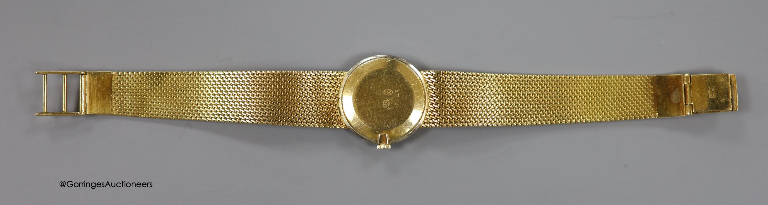 A lady's 18k and diamond set EBP manual wind wrist watch on an integral 750 mesh link bracelet, overall 19.5cm, gross weight 46.3 grams
